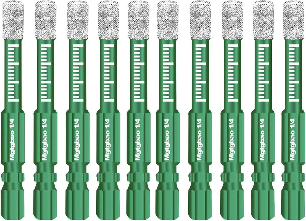 10Pc 1/4” Green Dry Diamond Drill Bits Set，10Pcs 6Mm Hex Shank Core Drill Bit Brazed with Cooling Wax for Porcelain Tile Ceramic Concrete Granite Marble Hard Materials (Not for Wood).