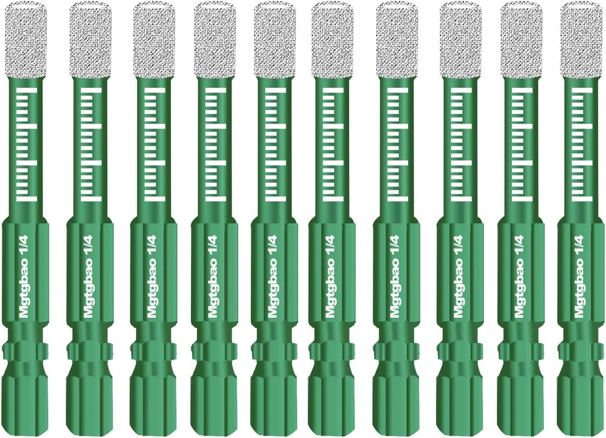 10Pc 1/4” Green Dry Diamond Drill Bits Set，10Pcs 6Mm Hex Shank Core Drill Bit Brazed with Cooling Wax for Porcelain Tile Ceramic Concrete Granite Marble Hard Materials (Not for Wood).