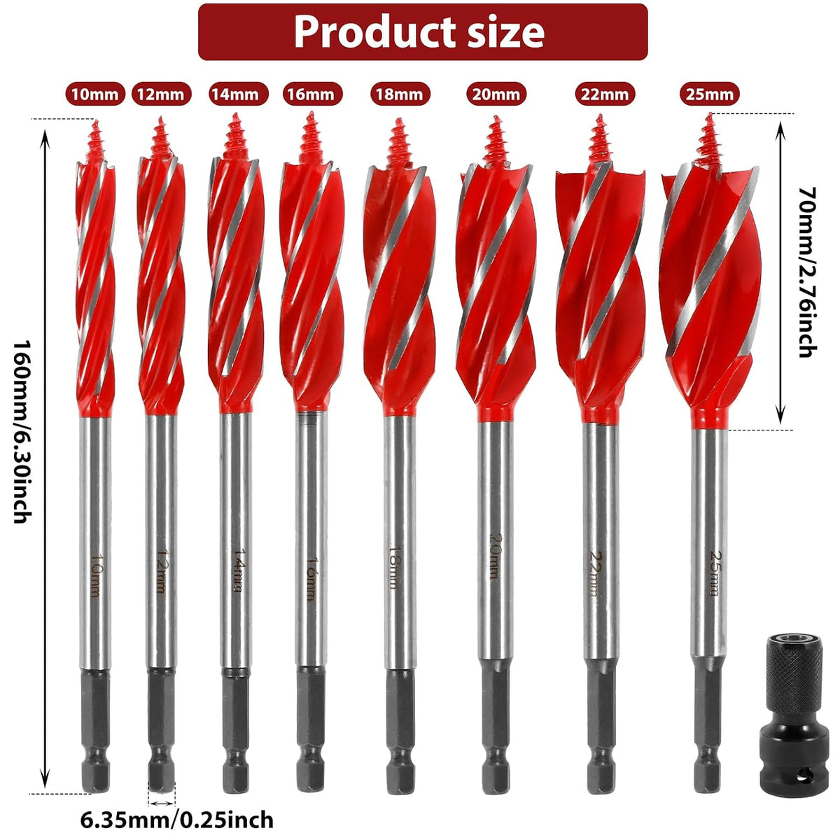 8Pcs 10-25Mm Wood Auger Drill Bit Set, High Carbon Steel, Spiral Flute, Hex Shank, Suitable for Wood & Plastic