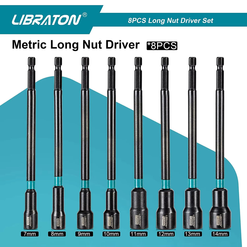 8PCS Magnetic Nut Driver Set, Nut Drivers 6", Metric / SAE Nut Drivers, Shank Nut Driver Bits, 1/4"Hex Shank, Long Bits