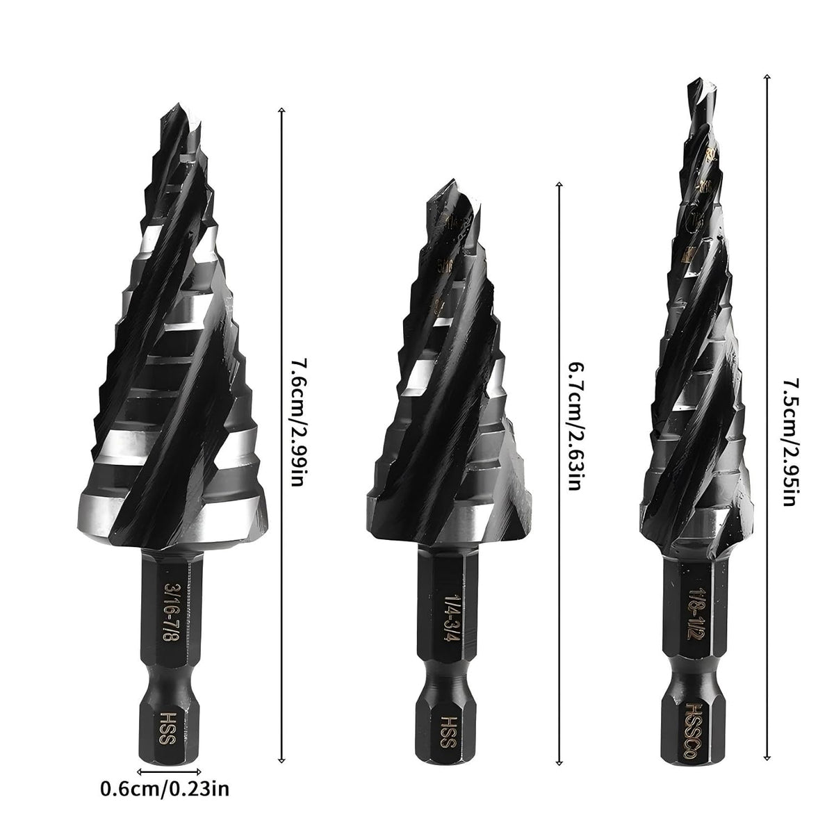 Spiral Flute Step Drill Bit Set, 3 Pcs HSS Step Drill Bits (1/8"-1-3/8") Unibit Step Drill Bit, 1/4" and 3/8" Shank Step Bits for Aluminum, Wood, Plastic, Metal