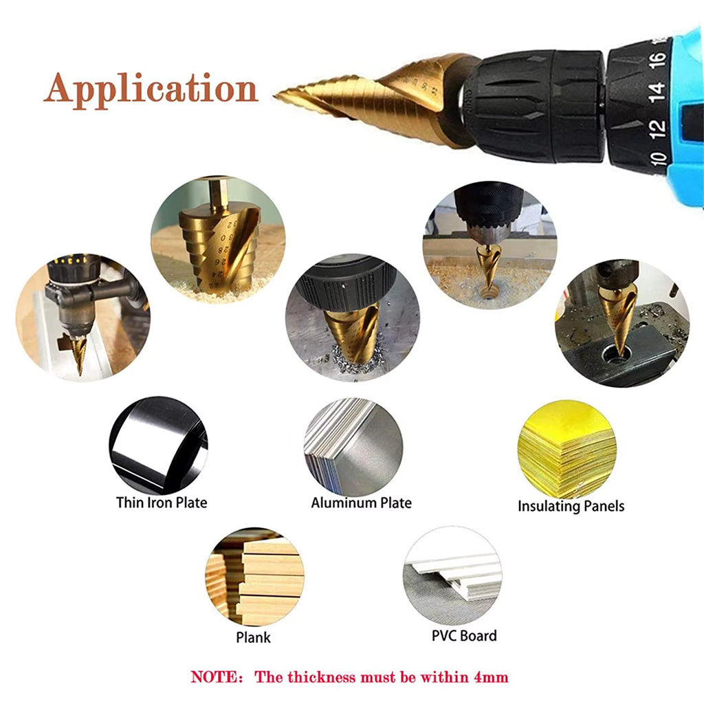 3Pcs HSS Titanium-Coated Spiral Groove Step Drill Bit 4-12 4-20 4-32 Power Tool Step Drill Bits Set Metal Multi-Hole Taper Drill