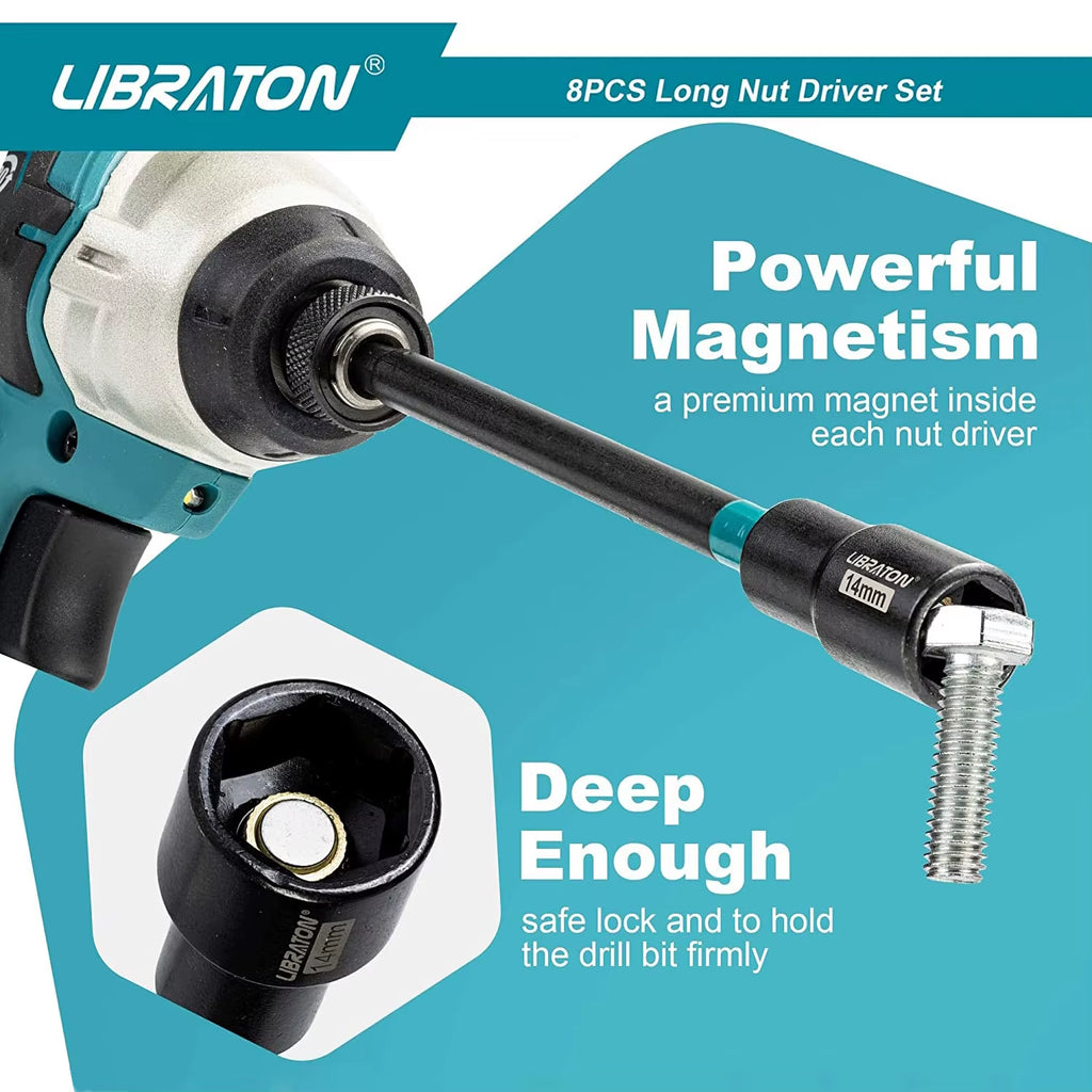 8PCS Magnetic Nut Driver Set, Nut Drivers 6", Metric / SAE Nut Drivers, Shank Nut Driver Bits, 1/4"Hex Shank, Long Bits