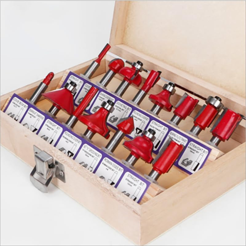 15X 1/2 1/4 Inch Router Bits Set Woodworking Tool Cutter Shank Tungsten Carbide, Precision Cutting, Durable Alloy Steel, Includes Wooden Storage Case