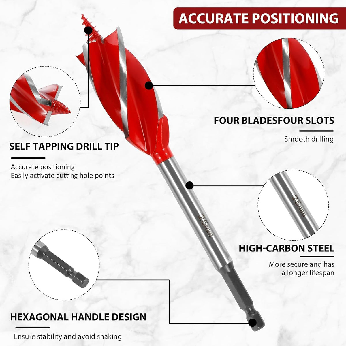 8Pcs 10-25Mm Wood Auger Drill Bit Set, High Carbon Steel, Spiral Flute, Hex Shank, Suitable for Wood & Plastic
