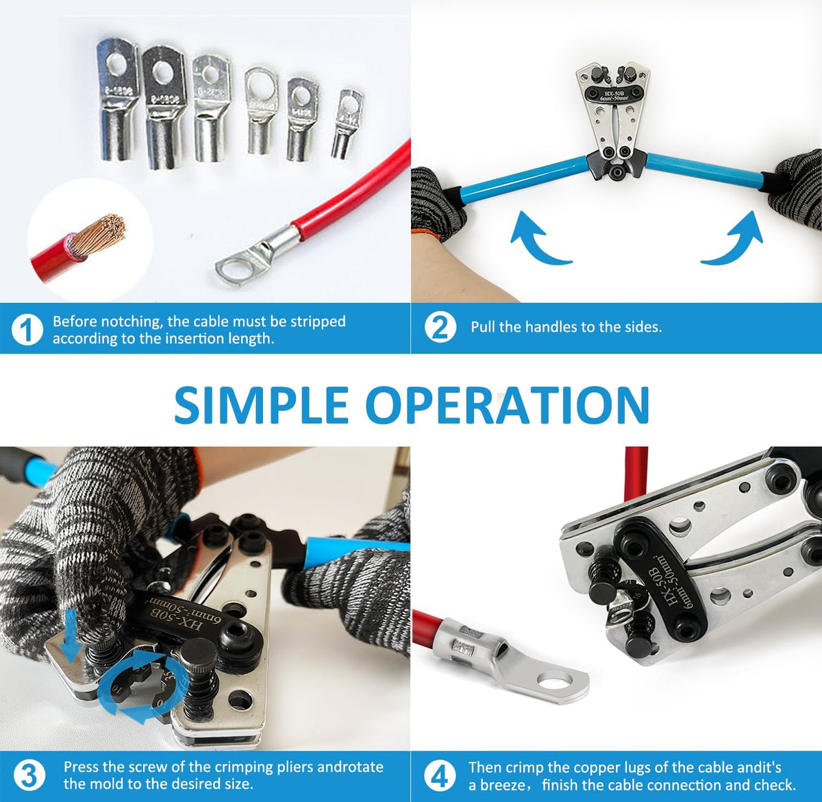 Battery Cable Lug Crimping Tool for Heavy Duty Wire Lugs, Battery Terminal 6-50Mm², Wire Crimper for AWG 10-1/0 Electrical Lug