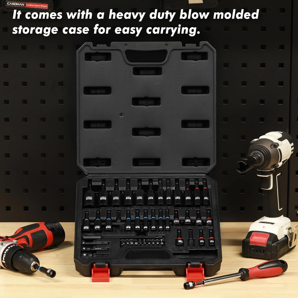 55-Piece Magnetic Nut Driver Set for Impact Drill, Deep & Shallow, Metric & SAE, Includes Screwdriver Bits, Bit Extension Bar, Socket Adapters & Wing Nut Driver