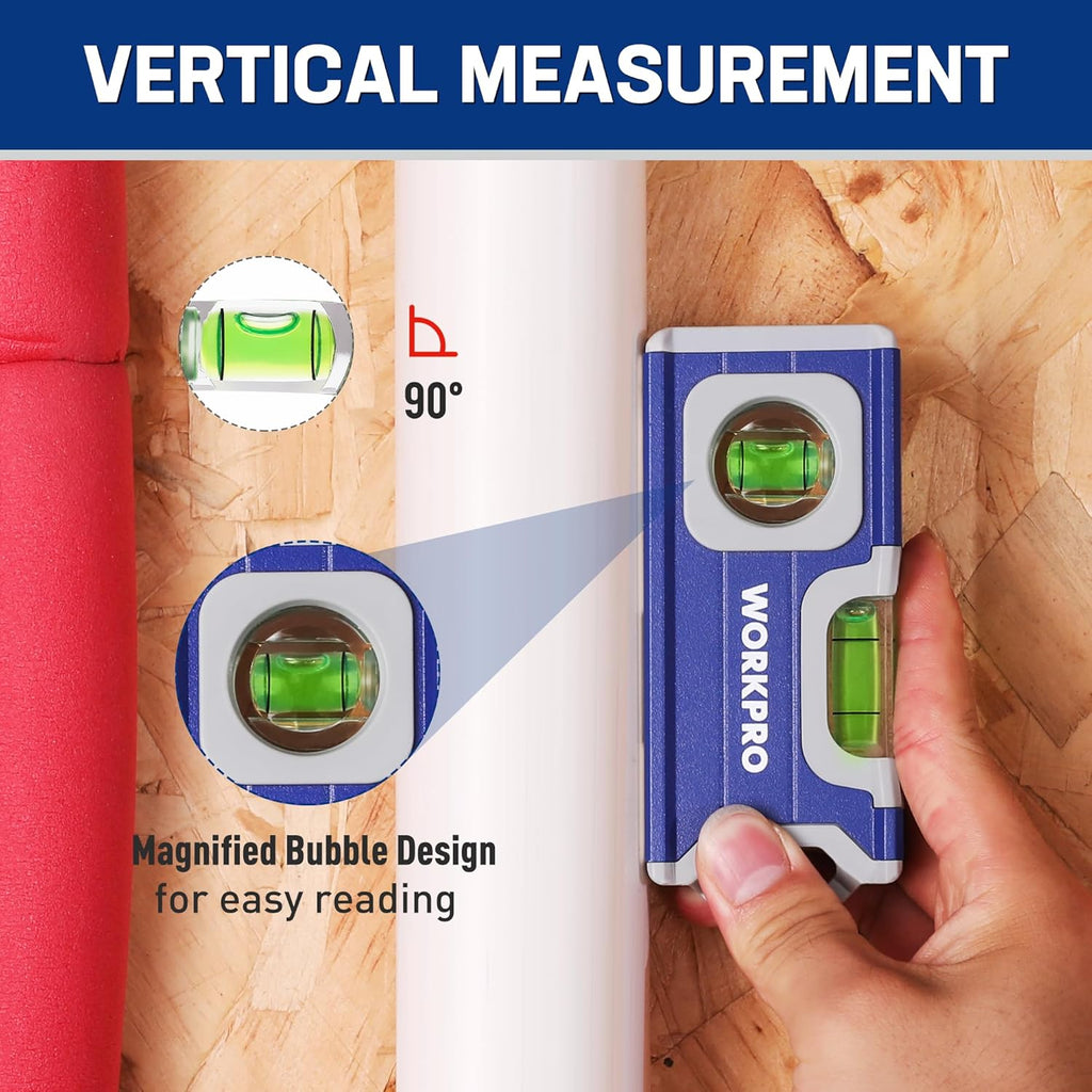 Magnetic Spirit Level 115 Mm, Mini Spirit Level with 2 Vials 90°/180°, Magnetic Spirit Level with Hanging Hole, Aluminum Alloy Body, Strong Magnet, Grooved Design for Builders