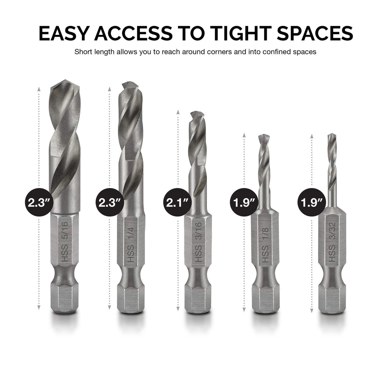 11402A Stubby Drill Bit Set for Metal | 5 Piece | 1/4" Quick Change Hex Shank | M2 High Speed Steel | for Quick Change Chucks and Drives | Drill Bit Holder Included