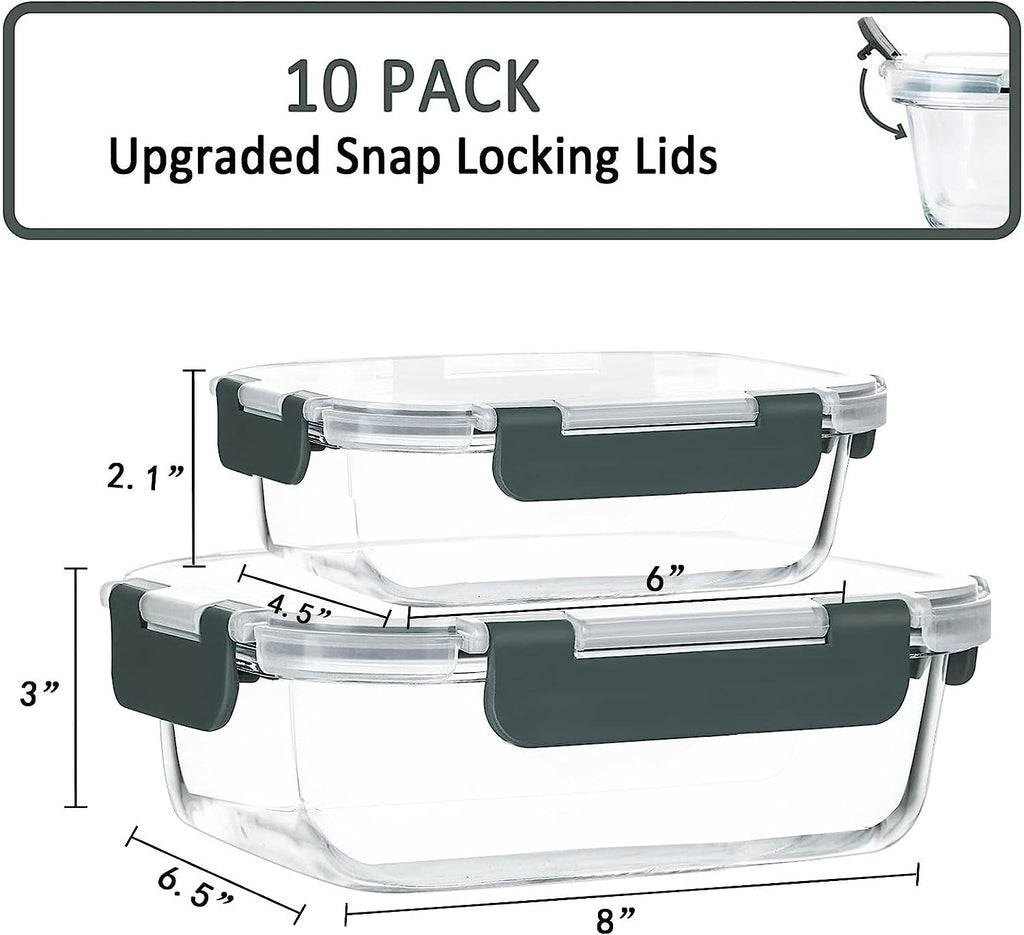 [10 Pack] Glass Meal Prep Containers with Lids-Mcirco Glass Food Storage Containers with Lifetime Lasting Snap Locking Lids, Airtight Lunch Containers, Microwave, Oven, Freezer and Dishwasher Safe