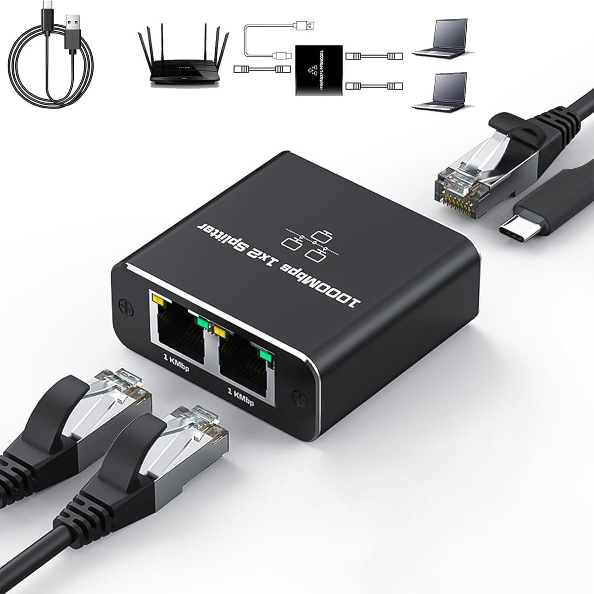 Gigabit Ethernet Splitter 1 to 2 Networksplitter with USB Power Cable, RJ45 Internet Splitter Adapter 1000Mbps High Speed for Cat 5/5E/6/7/8 Cable [2 Devices Networked Simultaneously]