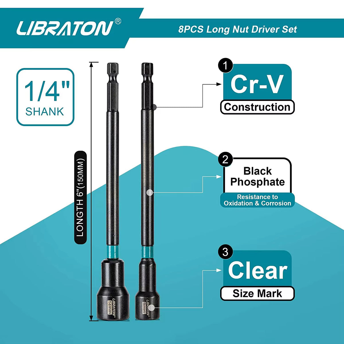 8PCS Magnetic Nut Driver Set, Nut Drivers 6", Metric / SAE Nut Drivers, Shank Nut Driver Bits, 1/4"Hex Shank, Long Bits