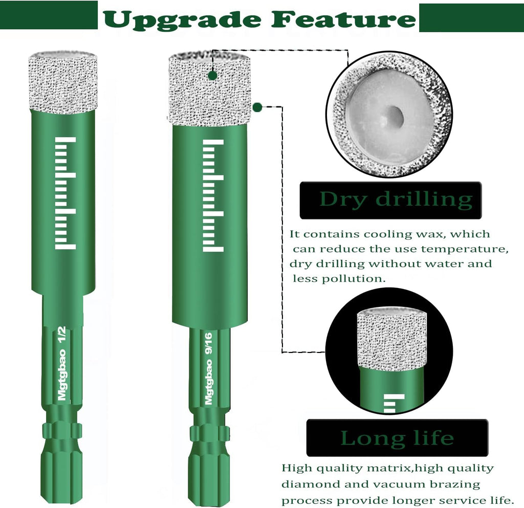 10Pc 1/4” Green Dry Diamond Drill Bits Set，10Pcs 6Mm Hex Shank Core Drill Bit Brazed with Cooling Wax for Porcelain Tile Ceramic Concrete Granite Marble Hard Materials (Not for Wood).