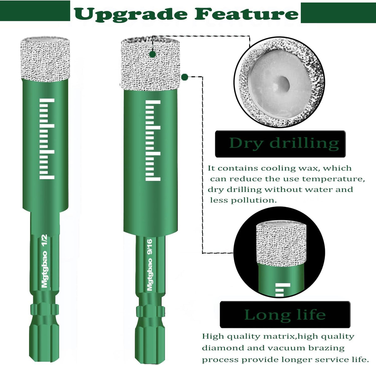 10Pc 1/4” Green Dry Diamond Drill Bits Set，10Pcs 6Mm Hex Shank Core Drill Bit Brazed with Cooling Wax for Porcelain Tile Ceramic Concrete Granite Marble Hard Materials (Not for Wood).