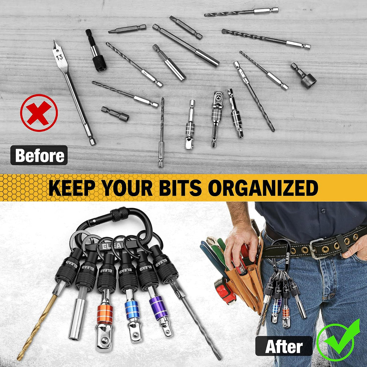 6-Piece Bit Holder Key Chain, 1/4 Inch Hex Shank Bit Holders, Quick Release Design with Keychain Carabiner for Nut Driver, Screwdriver & Drill Bits, Tools Gifts for Men