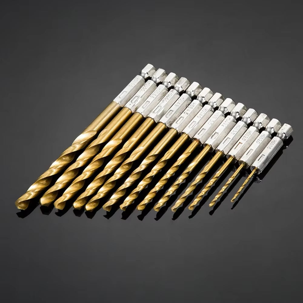 13PCS Titanium Coated High Speed Steel Hex Shank Drill Bit Set 1.5Mm-6.5Mm Twist Drill Bits Kit