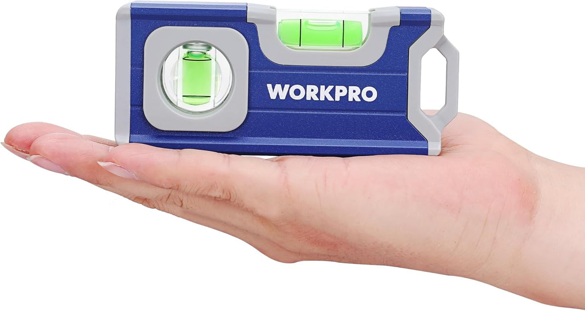 Magnetic Spirit Level 115 Mm, Mini Spirit Level with 2 Vials 90°/180°, Magnetic Spirit Level with Hanging Hole, Aluminum Alloy Body, Strong Magnet, Grooved Design for Builders