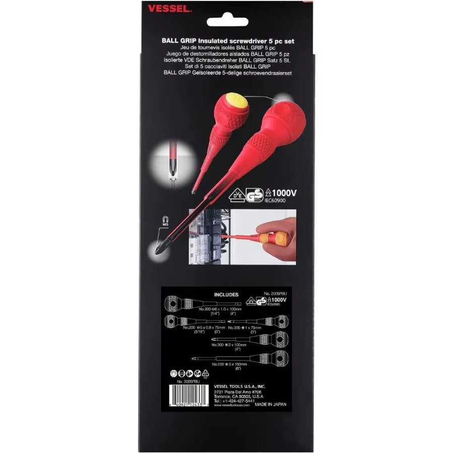 VESSEL Insulated Screwdriver Set 5PCS Phllips Slloted Screwdriver 2005PBU