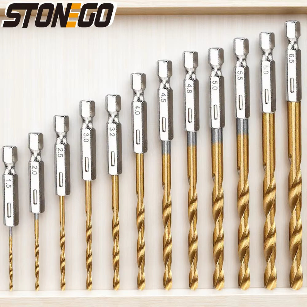 13PCS Titanium Coated High Speed Steel Hex Shank Drill Bit Set 1.5Mm-6.5Mm Twist Drill Bits Kit