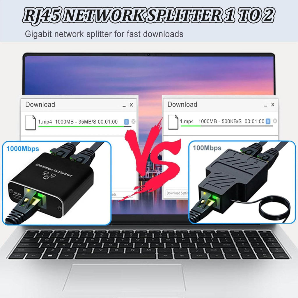 Gigabit Ethernet Splitter 1 to 2 Networksplitter with USB Power Cable, RJ45 Internet Splitter Adapter 1000Mbps High Speed for Cat 5/5E/6/7/8 Cable [2 Devices Networked Simultaneously]