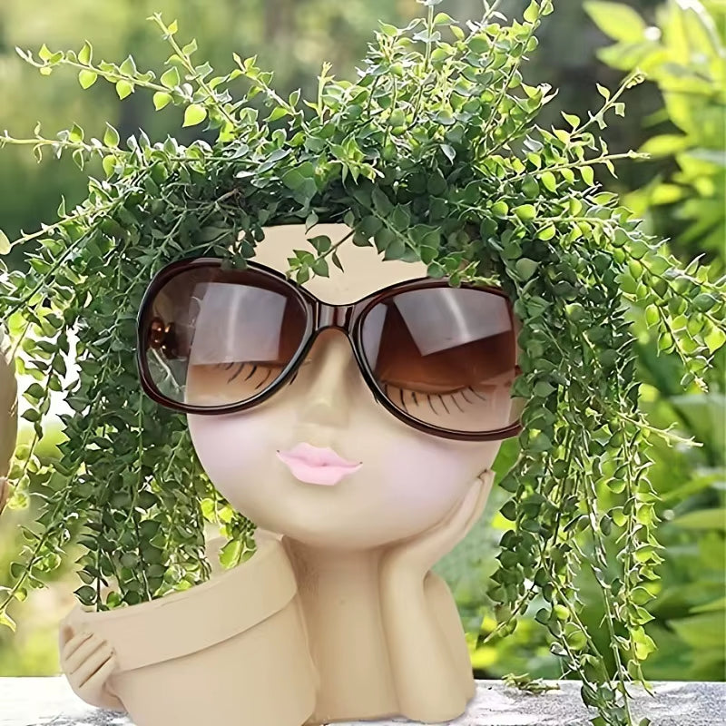 Face Planter Pot - Double Flower Pots in One for Indoor Outdoor Plants Resin Head Planter with Drainage Hole Cute Lady Face