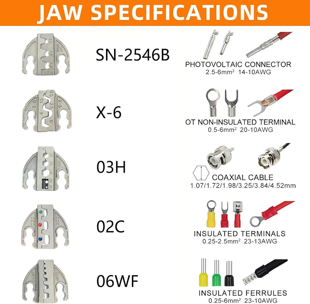 Ratcheting Crimping Tool, 5 Quick-Change Jaws for Wire Terminals