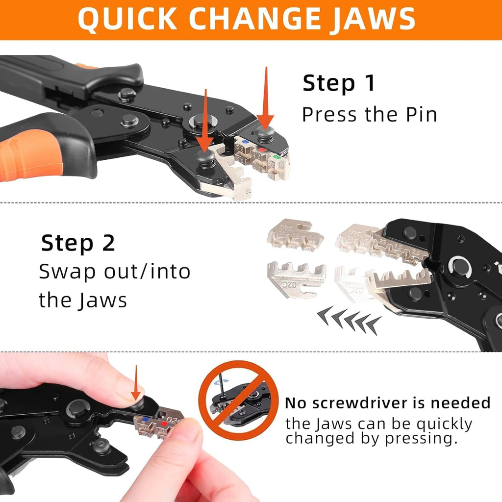 Ratcheting Crimping Tool, 5 Quick-Change Jaws for Wire Terminals