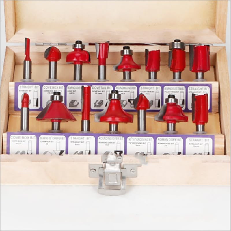 15X 1/2 1/4 Inch Router Bits Set Woodworking Tool Cutter Shank Tungsten Carbide, Precision Cutting, Durable Alloy Steel, Includes Wooden Storage Case