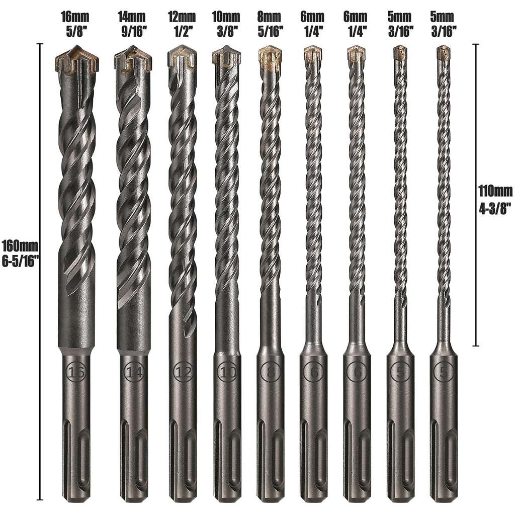 Ø5-16Mm X 160Mm SDS plus Concrete Drill Bit 9PCS, YG8C Carbide Tip