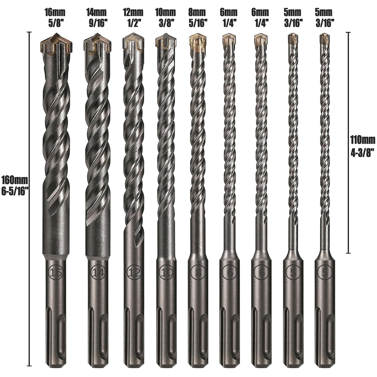 Ø5-16Mm X 160Mm SDS plus Concrete Drill Bit 9PCS, YG8C Carbide Tip