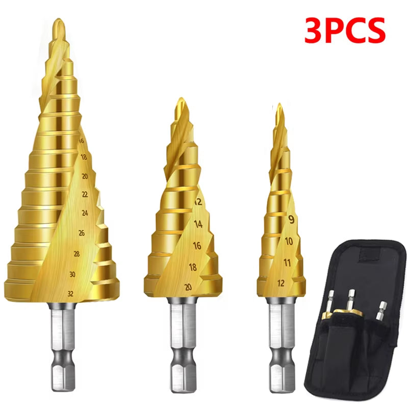 3Pcs HSS Titanium-Coated Spiral Groove Step Drill Bit 4-12 4-20 4-32 Power Tool Step Drill Bits Set Metal Multi-Hole Taper Drill