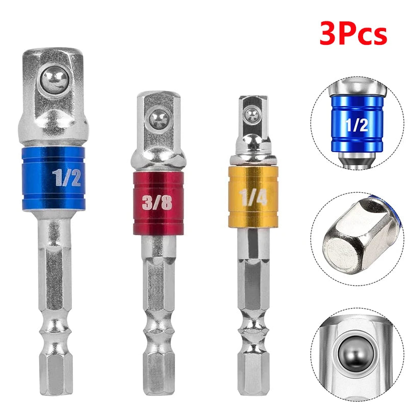 3 Pcs Drill Socket Adapter Impact Drill Extension Drill Bits Bar Socket Adapter 1/4 3/8 1/2 Size Hex Shank Square Head Drill Bit