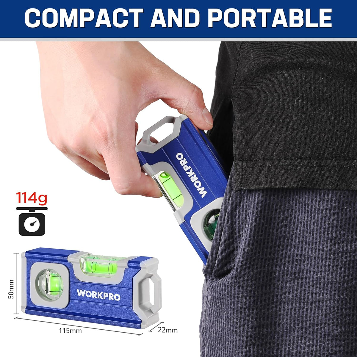 Magnetic Spirit Level 115 Mm, Mini Spirit Level with 2 Vials 90°/180°, Magnetic Spirit Level with Hanging Hole, Aluminum Alloy Body, Strong Magnet, Grooved Design for Builders