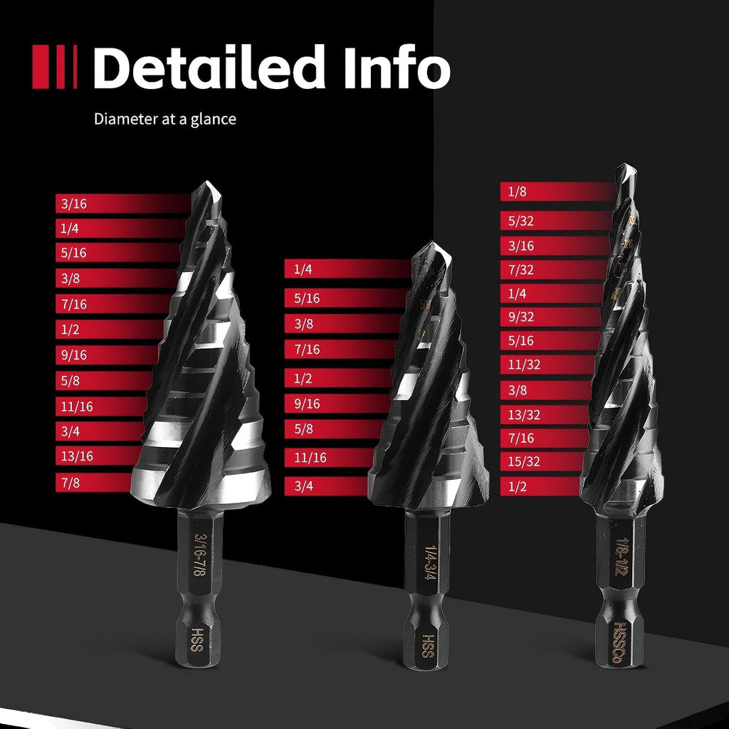 Spiral Flute Step Drill Bit Set, 3 Pcs HSS Step Drill Bits (1/8"-1-3/8") Unibit Step Drill Bit, 1/4" and 3/8" Shank Step Bits for Aluminum, Wood, Plastic, Metal