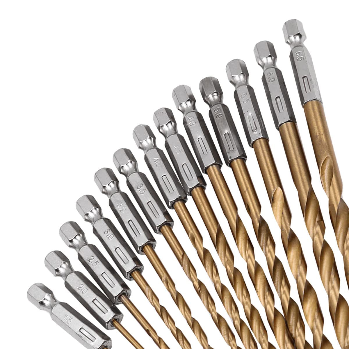 1/4” Hex Shank HSS Drill Bits, 13Pcs in Set Titanium Coated Drill Bits, 1.5Mm-6.5Mm, High Speed Steel Quick Change for Woodworking, Plastic, PVC, Cardboard