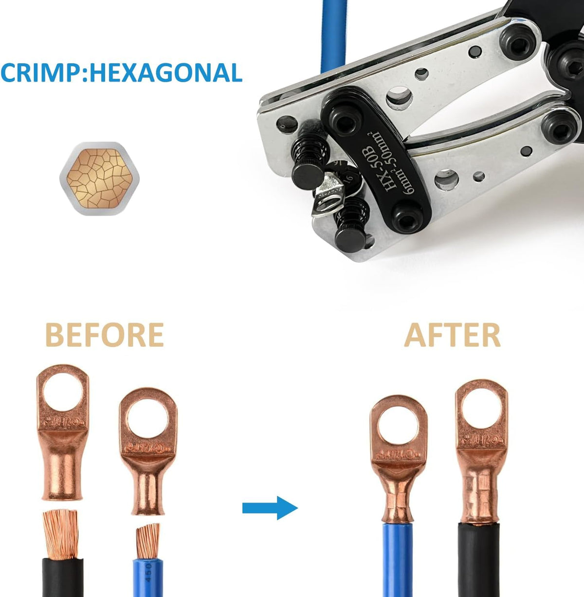 Battery Cable Lug Crimping Tool for Heavy Duty Wire Lugs, Battery Terminal 6-50Mm², Wire Crimper for AWG 10-1/0 Electrical Lug