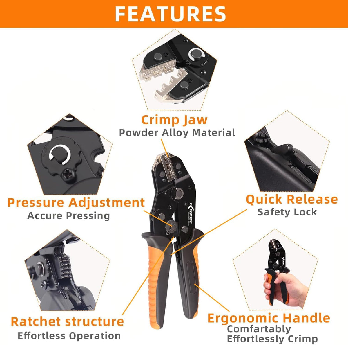 Ratcheting Crimping Tool, 5 Quick-Change Jaws for Wire Terminals