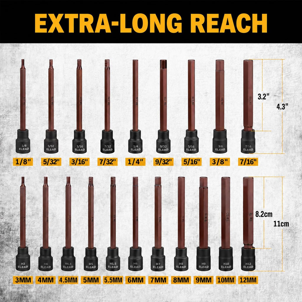 20-Piece Extra-Long Hex Socket Set: 3/8 Inch Drive Allen Key Socket Set, S2 Steel, Standard SAE & Metric (1/8-Inch - 7/16-Inch, 3-12Mm) with Storage Case