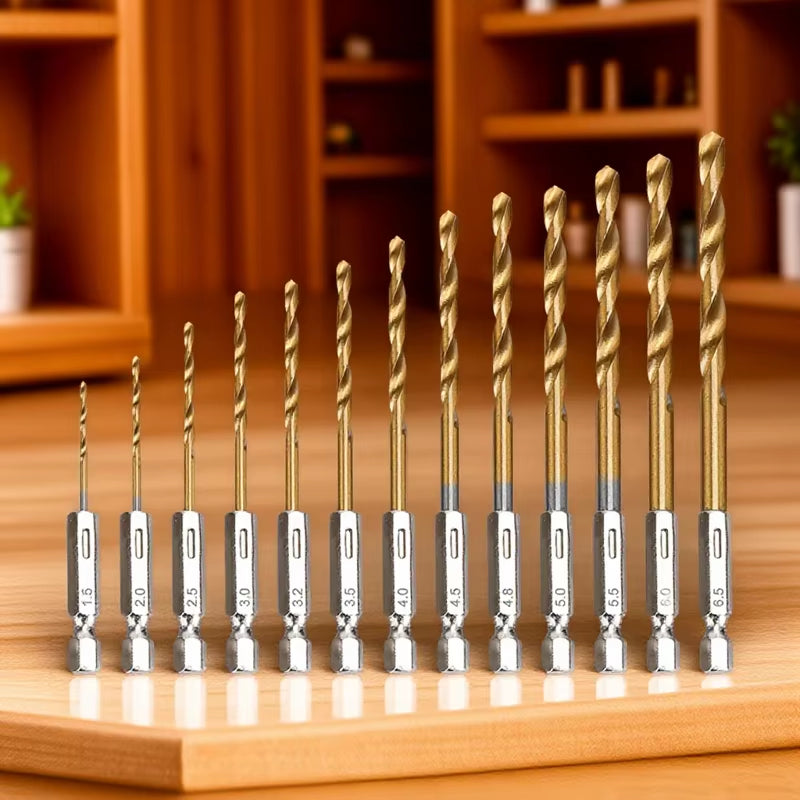 13PCS Titanium Coated High Speed Steel Hex Shank Drill Bit Set 1.5Mm-6.5Mm Twist Drill Bits Kit