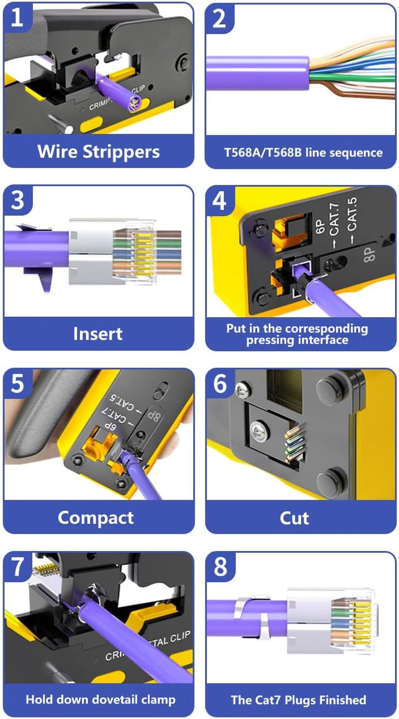 RJ45 Pass through Crimp Tool, RJ45 Cat5 Cat6 Cat7 Crimping Tool, RJ11 Crimping Tool, Ethernet Network Cable Crimper Stripper, Modular Crimping Equipment Mini Tool Pliers