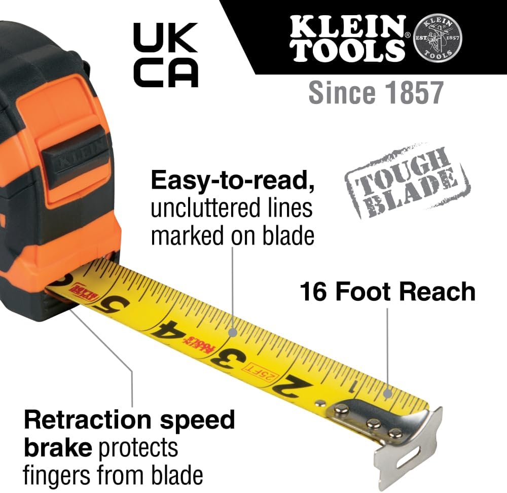 9125 Tape Measure, Heavy-Duty Measuring Tape with 25-Foot Single-Hook Nylon Reinforced Blade, with Metal Belt Clip