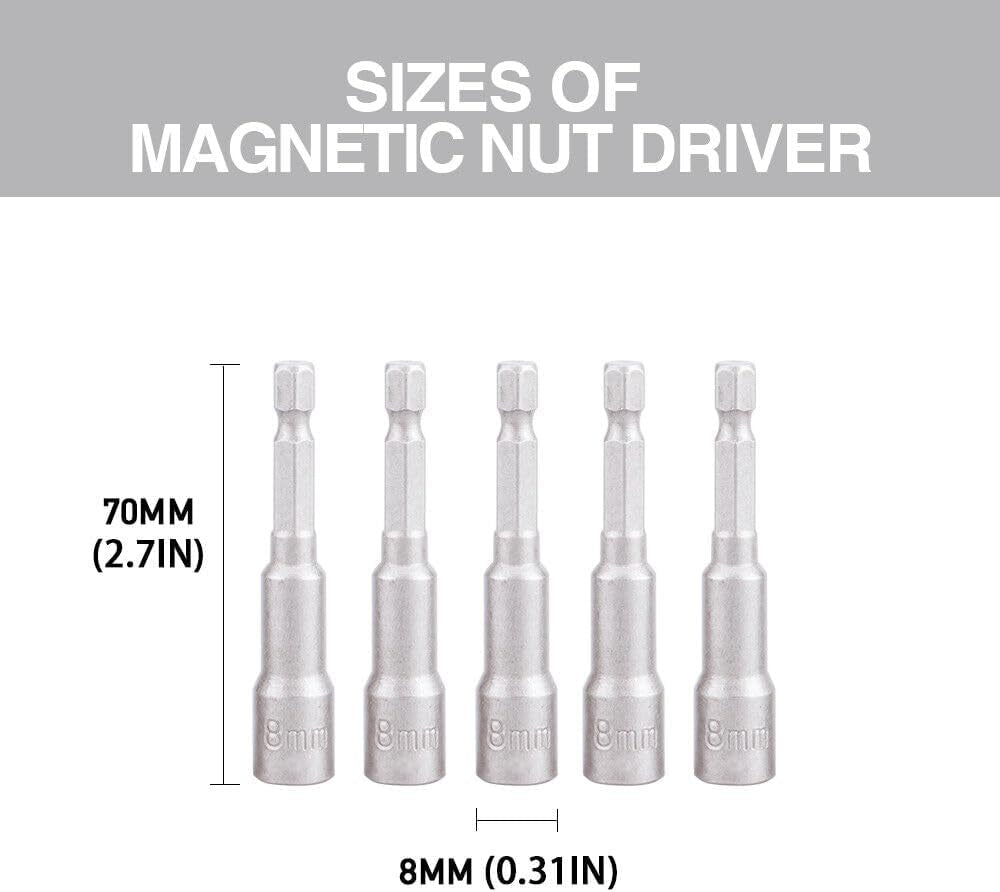 5-Piece Magnetic Nuts Driver Set, 8Mm Power Drill Driver Bit 65Mm Long, 1/4" Quick-Change Hex Shank Extension for Drill Socket Kit, Special Tools for Nut Bolt (8Mm)
