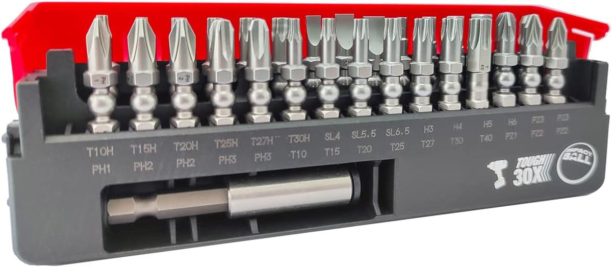 Set of 30 Impact Ball Torsion Screwdriver Bits + Bit Holder