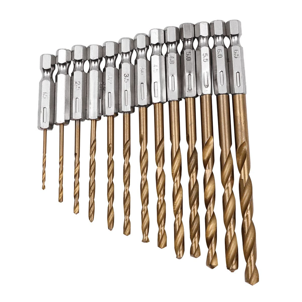 1/4” Hex Shank HSS Drill Bits, 13Pcs in Set Titanium Coated Drill Bits, 1.5Mm-6.5Mm, High Speed Steel Quick Change for Woodworking, Plastic, PVC, Cardboard