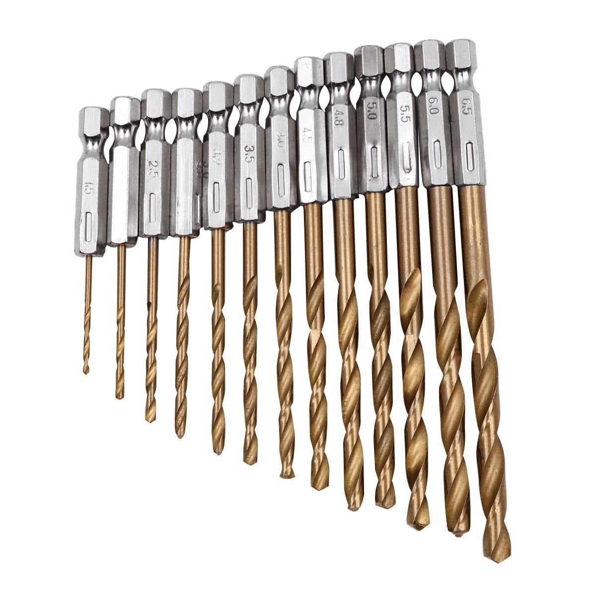 1/4” Hex Shank HSS Drill Bits, 13Pcs in Set Titanium Coated Drill Bits, 1.5Mm-6.5Mm, High Speed Steel Quick Change for Woodworking, Plastic, PVC, Cardboard
