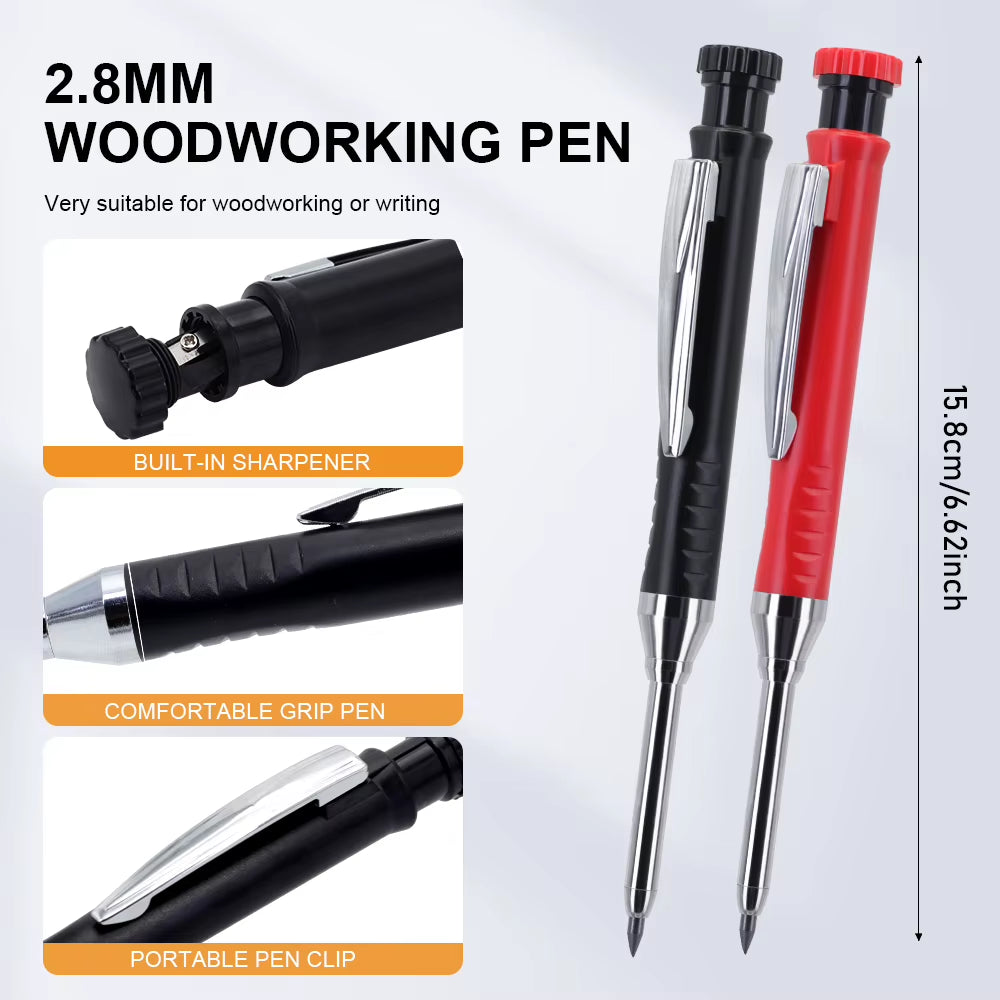 2.8Mm Professional Deep Hole Woodworking Pencil with Pencil Cap and 6Pcs Leads, Solid Carpenter Pencil Marking Drawing Supplies