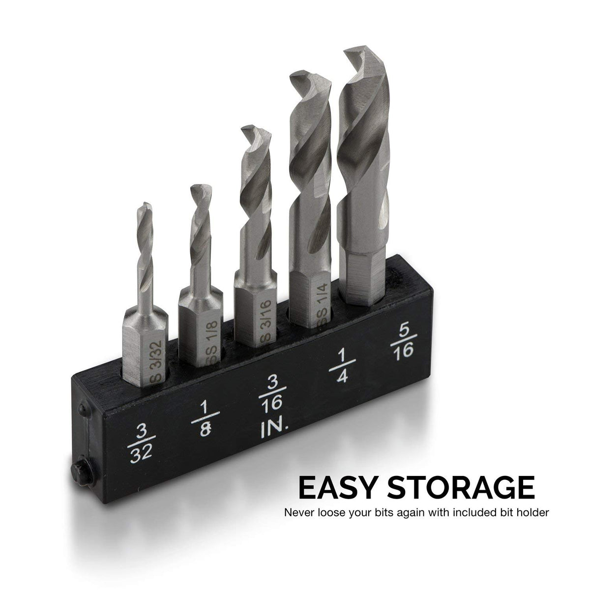 11402A Stubby Drill Bit Set for Metal | 5 Piece | 1/4" Quick Change Hex Shank | M2 High Speed Steel | for Quick Change Chucks and Drives | Drill Bit Holder Included