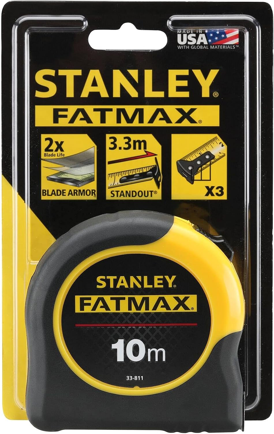STANLEY 0-33-811 FATMAX Classic Tape with Blade Armor, 10M Metric Only, Yellow