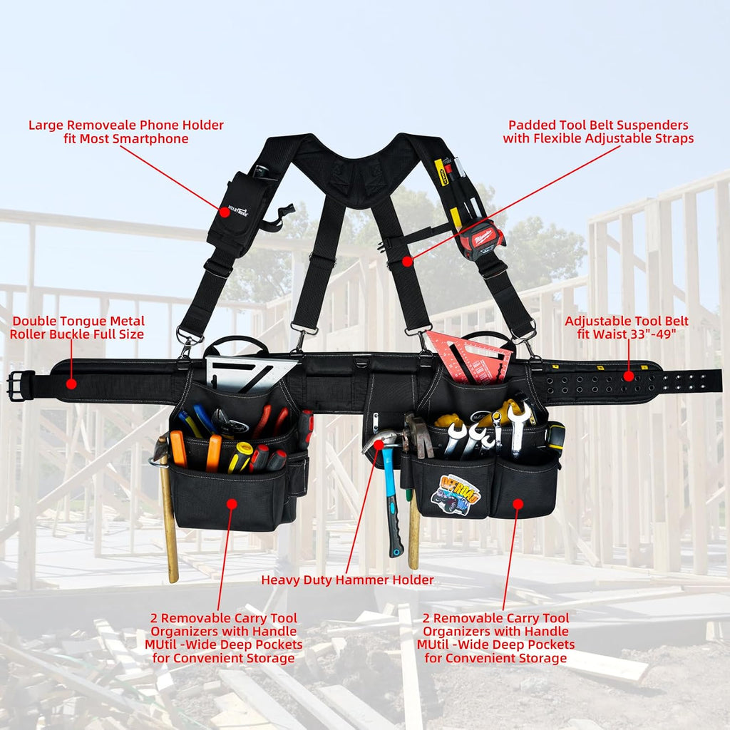 Tool Belt with Suspenders Brace Tool Bag Supenders Framers Comb Apron Tool Belt Construction Tool Pouch Builder Heavy Duty Carpenter Suspension Rig for Electrician, Roofing,Contractor, Black