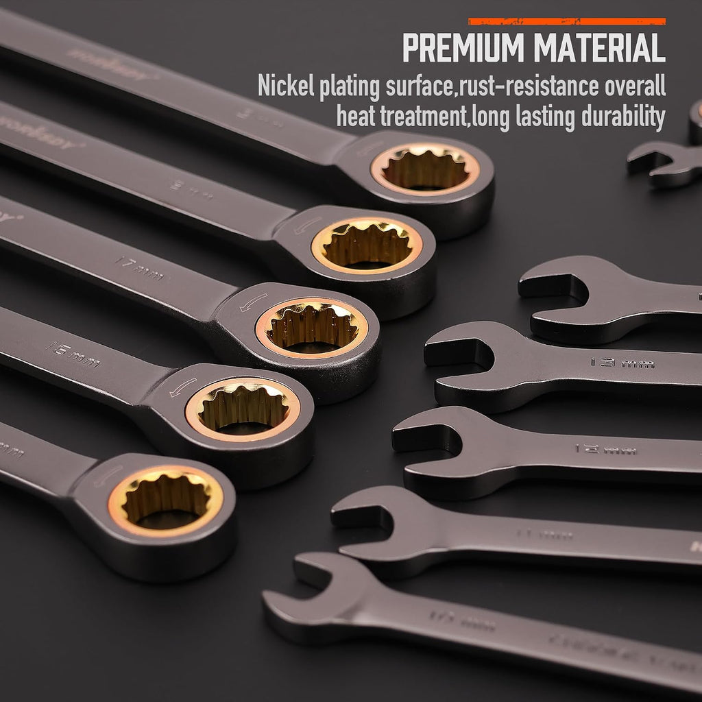 12-Piece Ratchet Spanner Set | Metric 8-19 Mm | Combination Ratcheting Spanners Set with Organizer | 72-Teeth | Nickle Plating Chrome Vanadium Steel
